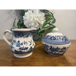Vintage Churchill Blue Willow Cream and Sugar Set England Cottagecore Kitchen